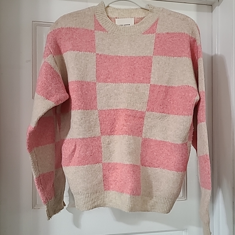 Sofie Schnoor Girls knit Pink/ Beige Checkered Sweater Size 12